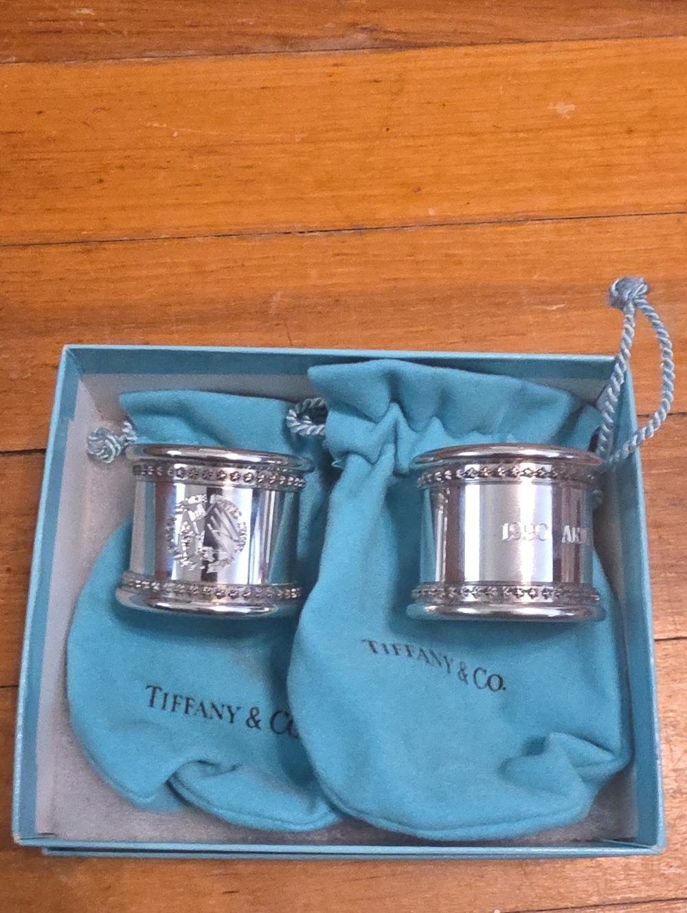 Tiffany & Co. Sterling Silver Napkin Rings with 2 Tiffany Pouches And Box